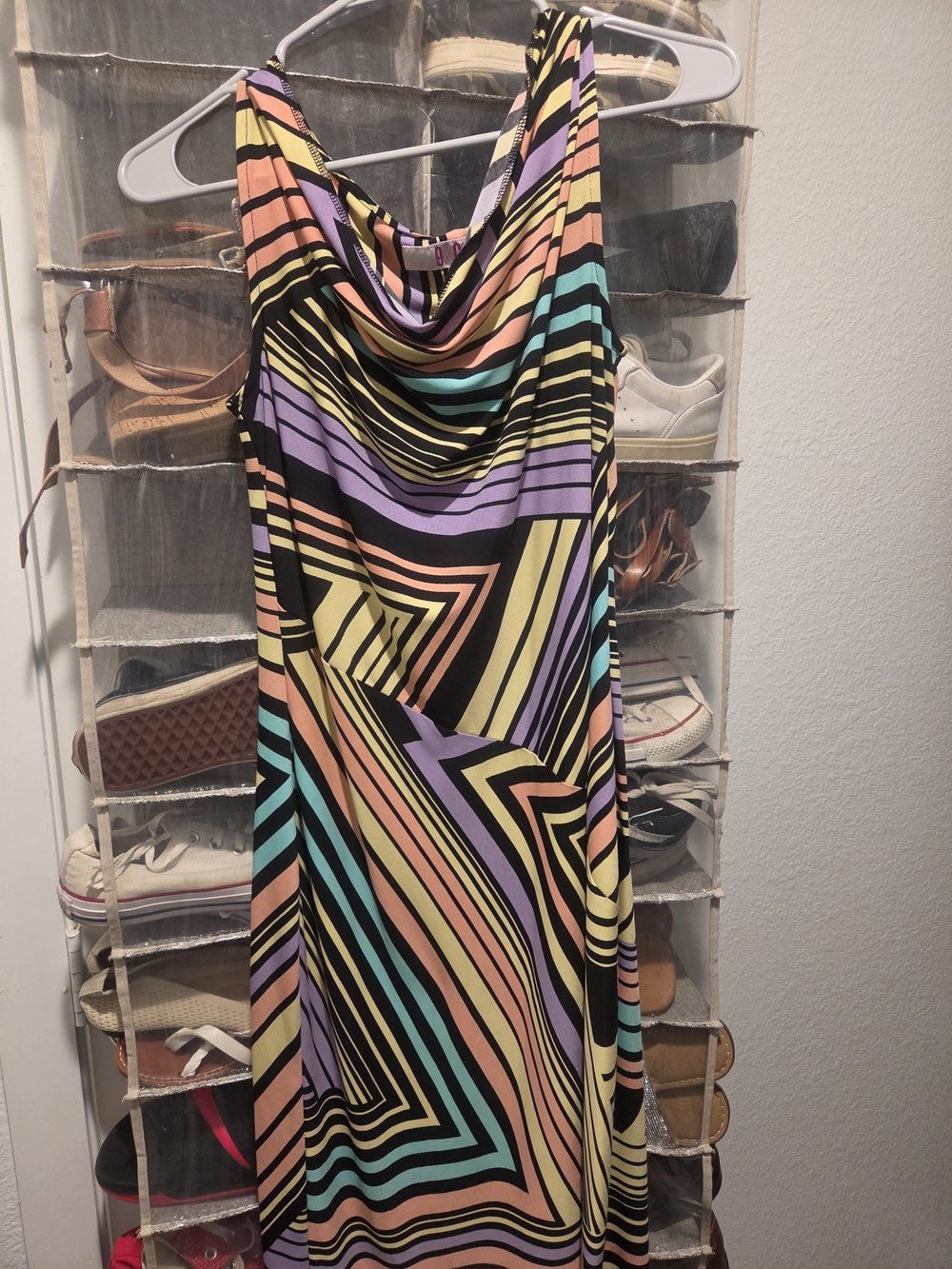 Asymmetrical Cowl Neck Dress in Multi Pastel Stripe